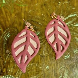Handmade Clay Two Toned Leaf Dandle Earrings, Light Maroon